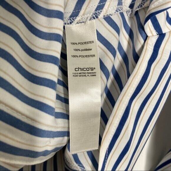 Chico's Wms Sz 0 Blue White Gold Striped Button Up Blouse Career Casual Roll Tab - Picture 9 of 11